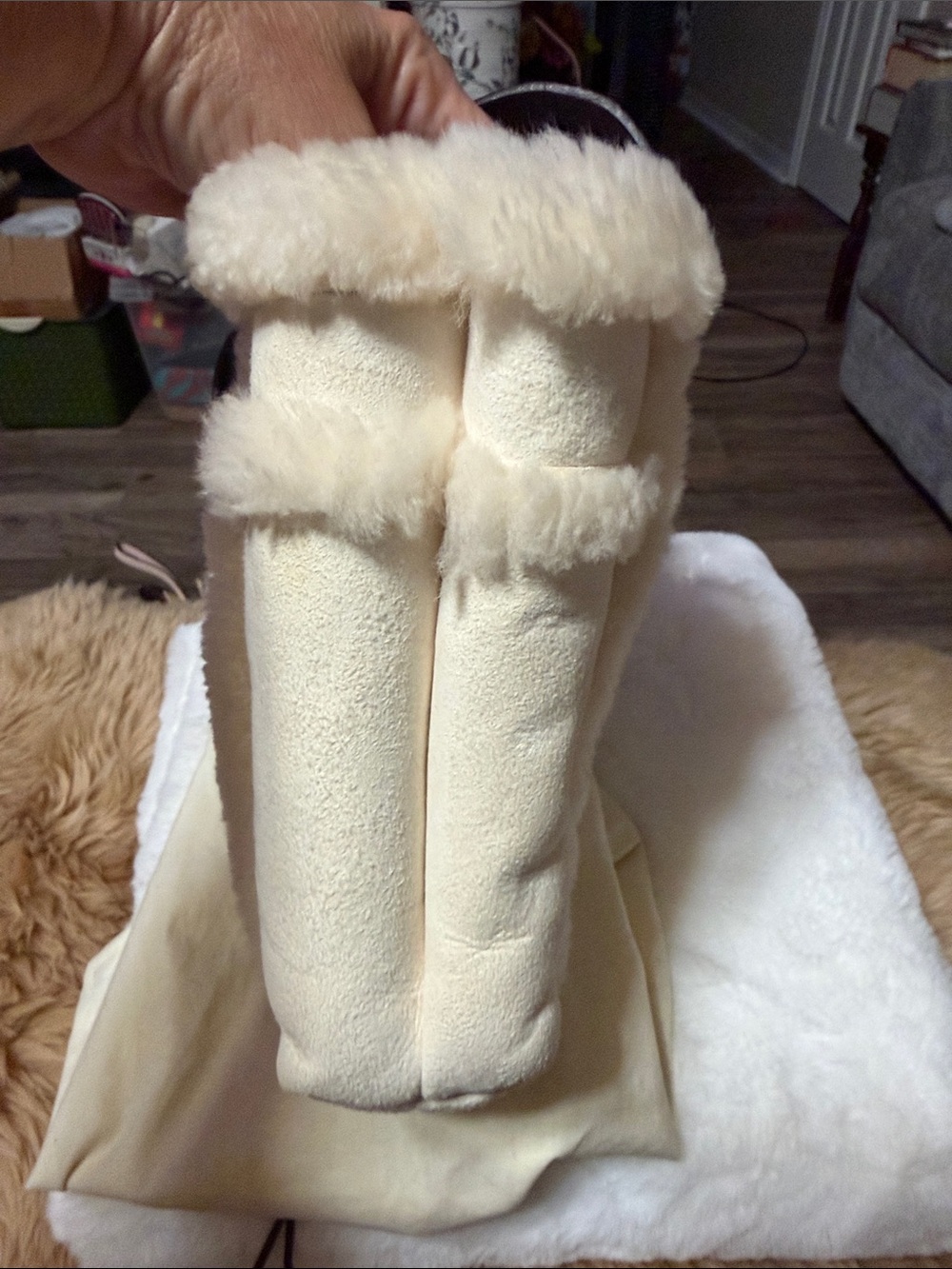 UGG Australia Tote Bag Fur Trimmed, Cream Color Suede w/ Brown Leather Front - Picture 6 of 10